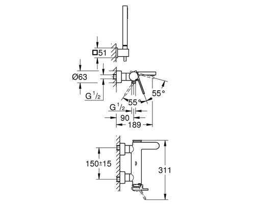 Masszeichnung einer Duscharmatur mit Handbrause