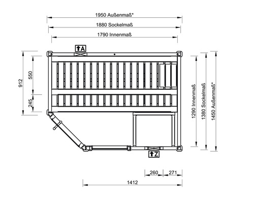 Technische Zeichnung einer Gerätehauskonstruktion mit Maßangaben