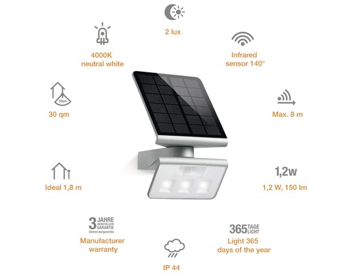 Lampe solaire avec capteur infrarouge 140 degrés, 4000 Kelvin blanc neutre, portée maximale 8 mètres et indice de protection IP44