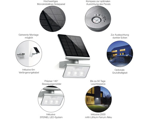 Aussenleuchte mit monokristallinem Solarpanel, Bewegungsmelder, Kompass und Lithium-Ferrum Akku