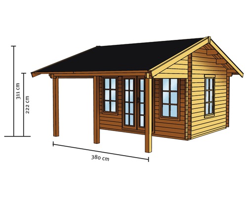 Abri de jardin en bois avec des dimensions de 380 cm de large et 311 cm de haut