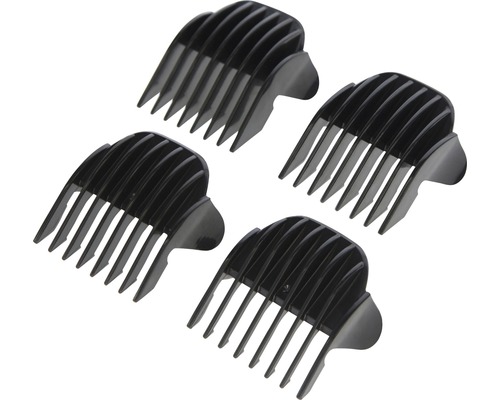 Vier schwarze Aufsätze für Haarschneidemaschinen