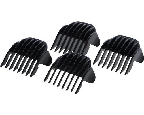 Vier schwarze Haarschneidekämme