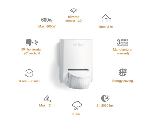 Steinel Bewegungsmelder IS 130-2 130° Infrarot Bewegungssensor IP54 Innen + Aussenbereich 12 m Reichweite weiss