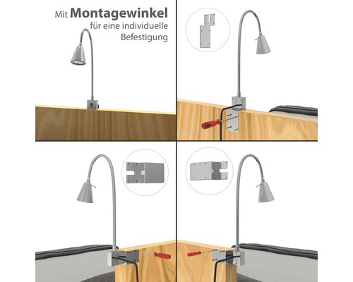 LED-Klemmleuchte mit Montagehalterung zur individuellen Befestigung an Möbeln