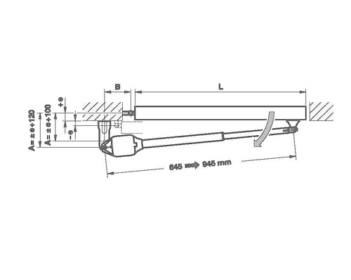 Technische Zeichnung eines Türschließers mit Maßangaben