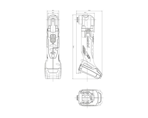 Schéma technique d''une visseuse d''angle sans fil Metabo avec dimensions