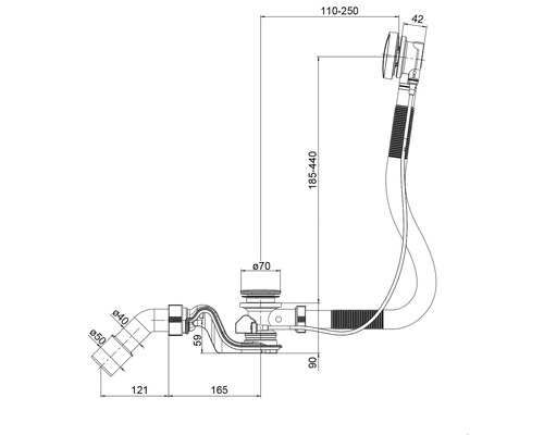 Dessin technique d''une évacuation de salle de bain avec dimensions.