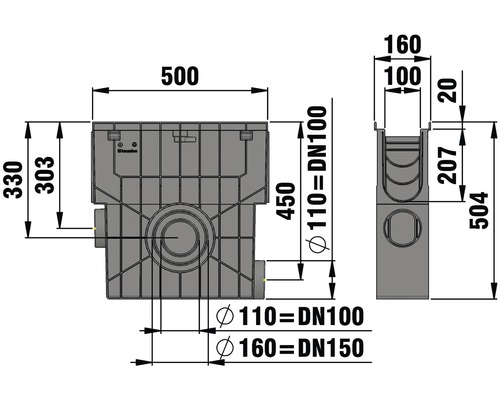 Technische Zeichnung eines Siphons mit Maßangaben