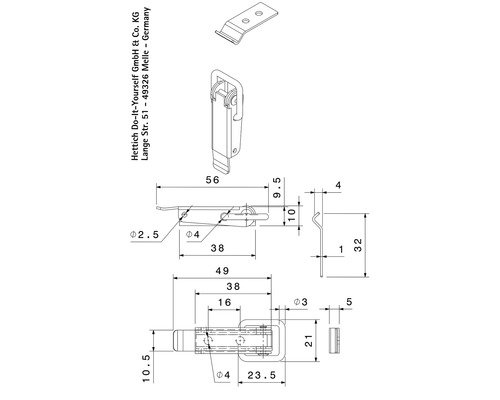 Technische Zeichnung eines Kniehebelverschlusses mit Massangaben