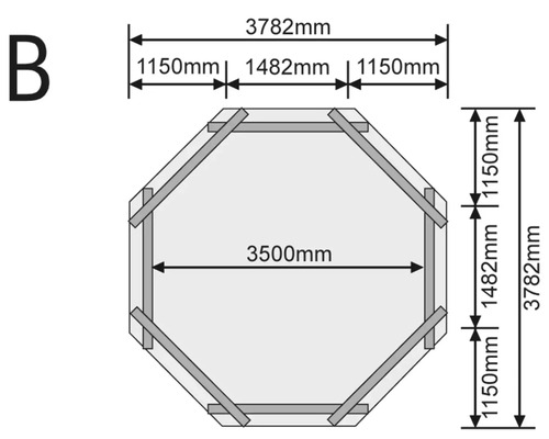 Technische Zeichnung eines Pavillons mit Maßangaben in Millimetern