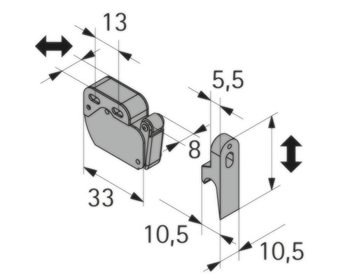 Technische Zeichnung eines Möbelschnäppers mit Maßangaben.