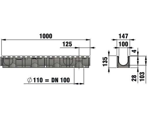 Dessin technique d''un caniveau de drainage avec dimensions.