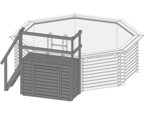 Illustration eines achteckigen Holzpools mit Treppe und Stauraum