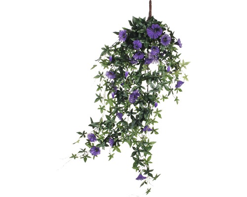 Plante artificielle suspendue avec des fleurs violettes et des feuilles vertes