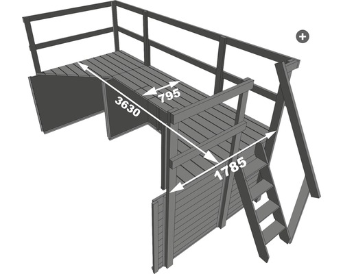 Illustration eines Spielturms mit den Massangaben 3630, 795 und 1785 Millimeter.