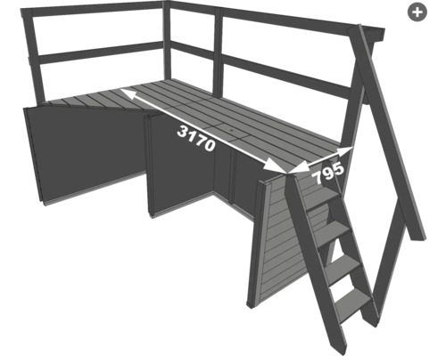 Tour de jeu avec échelle et dimensions de 3170 par 795 millimètres