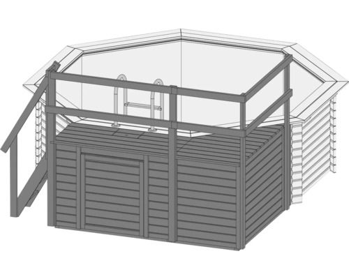 Image d''une piscine de jardin avec revêtement en bois, escalier et échelle
