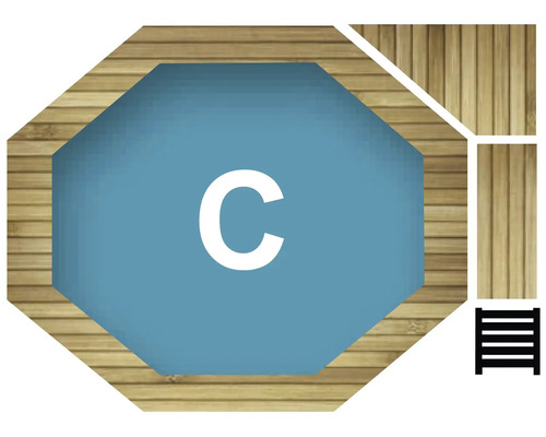 Piscine octogonale avec revêtement en bois et échelle