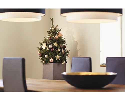 Weihnachtsdekoration mit Christbaum auf einem Esstisch