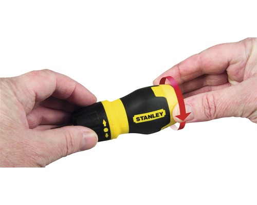 Tournevis logo Stanley dans la main avec mouvement de rotation illustré