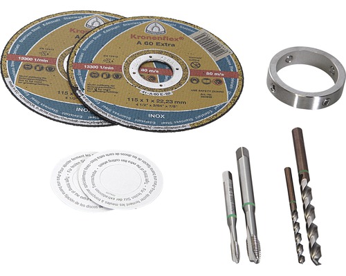 Deux disques à tronçonner, une bague métallique, deux tarauds, deux forets hélicoïdaux et des renforts de meule