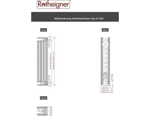 Rotheigner Masszeichnung Ventilheizkörper Typ 21 EKE mit Ansichten von vorne, von oben und als Detail