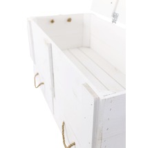 Geöffnete weisse Holztruhe mit Seilgriffen zur Aufbewahrung