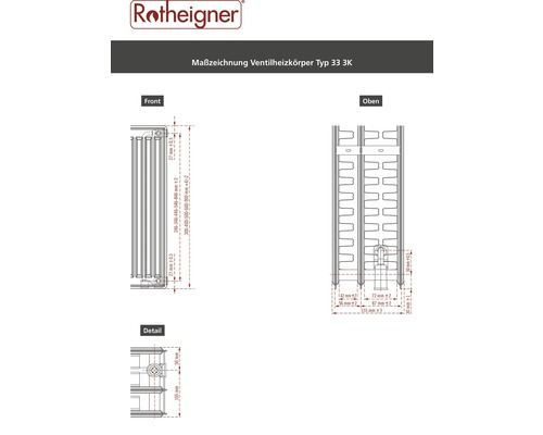 Technische Zeichnung Rotheigner Ventilheizkörper Typ 33 3K mit Maßangaben.