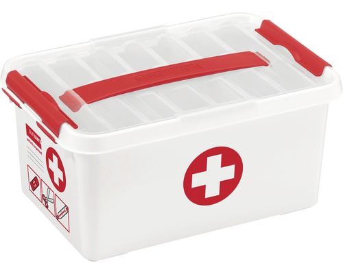 Boîte de premiers secours en plastique avec couvercle transparent et poignée rouge