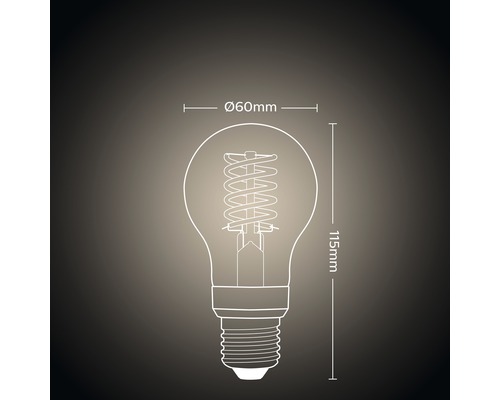 Abbildung einer Glühbirne mit den Maßen 60 Millimeter Durchmesser und 115 Millimeter Länge.