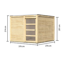 Abri de jardin en bois avec porte et indications de taille