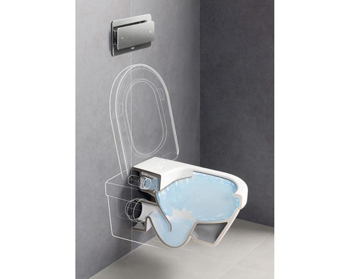 Wand-Tiefspülklosett mit Betätigungsplatte, grafische Darstellung der Spültechnik