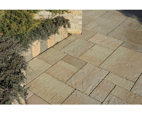 Verlegtes Pflaster mit Pflanzen