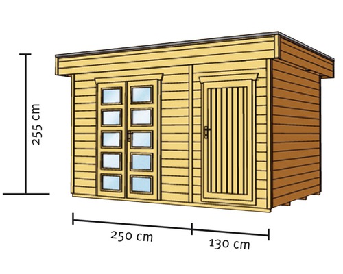 Abri de jardin en bois avec fenêtre et porte et dimensions 255 cm de haut, 250 cm de large et 130 cm de profondeur