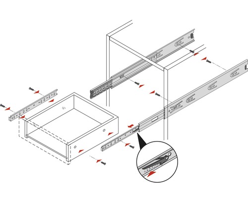 Illustration von Schubladenauszügen und Montageanleitung