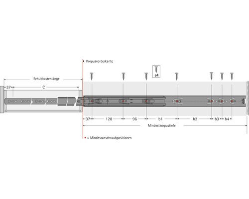 Technische Zeichnung einer Schubladenschiene mit Maßangaben