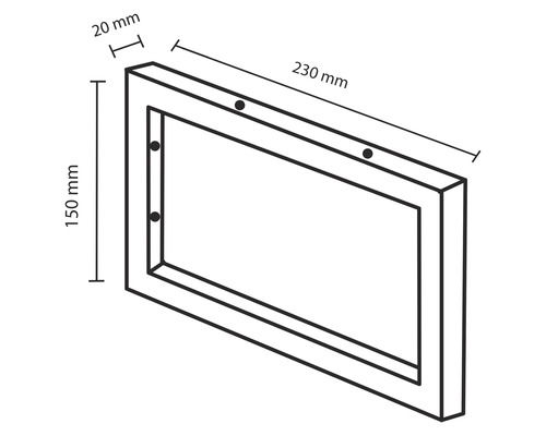 Illustration eines Rahmens mit den Maßen 230 mm Länge, 150 mm Höhe und 20 mm Breite