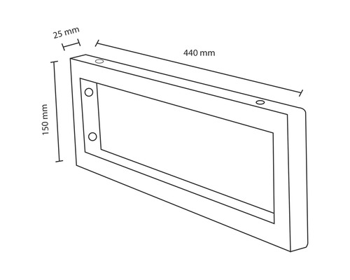 Technische Zeichnung eines rechteckigen Rahmens mit den Massen 150 mm Höhe, 440 mm Länge und 25 mm Dicke.