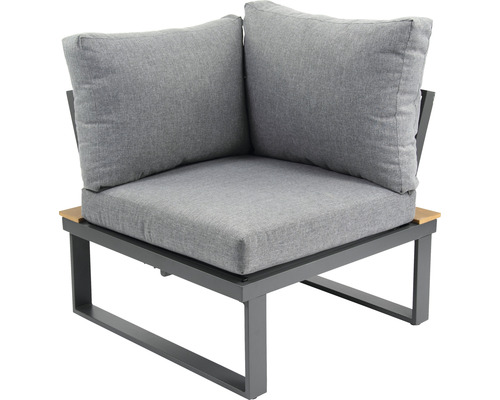 Eckteil einer Gartenlounge mit grauen Polstern und Metallrahmen