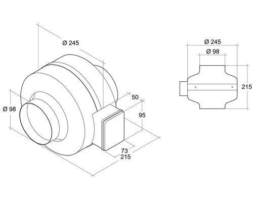 Schéma technique d''un ventilateur tubulaire avec des dimensions de 245 mm de diamètre et 98 mm de diamètre