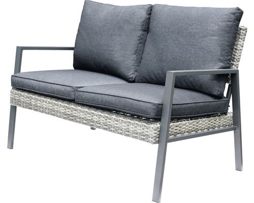 Zweisitzer Gartenbank aus Rattan mit grauen Polsterkissen