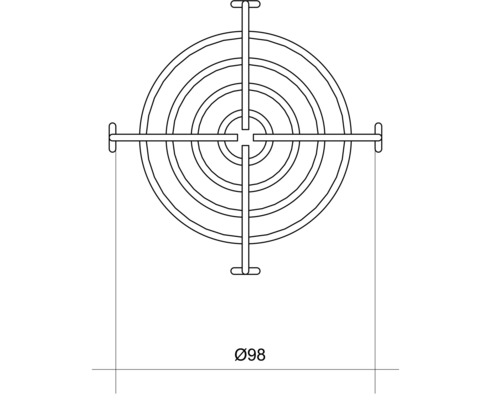 Technische Zeichnung eines runden Lüftergitters mit einem Durchmesser von 98 Millimetern