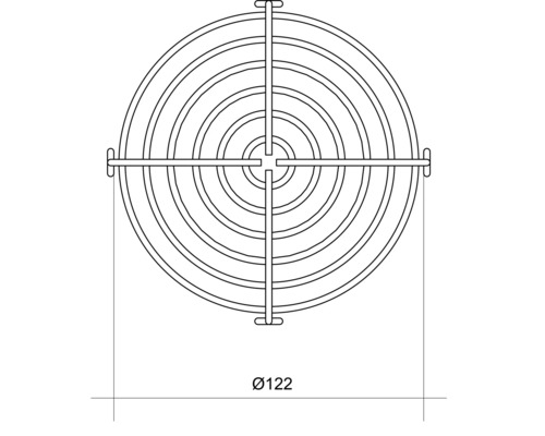 Technische Zeichnung eines Lüftergitters mit einem Durchmesser von 122 Millimetern