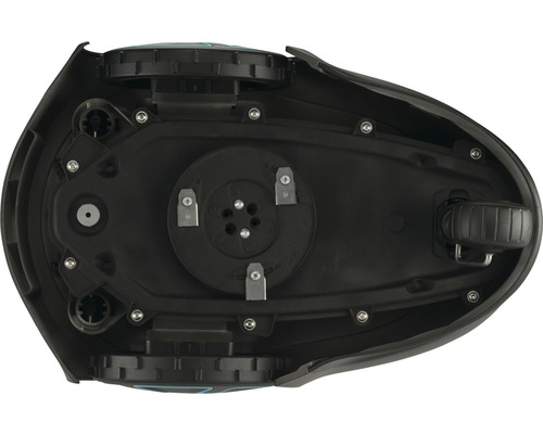 Dessous d''un robot tondeuse avec roues et outils de coupe