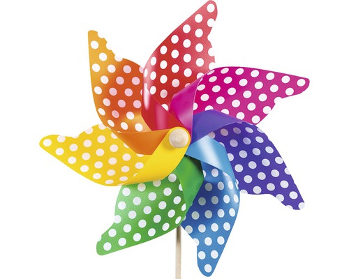 Windrad mit bunten Flügeln und weißen Punkten