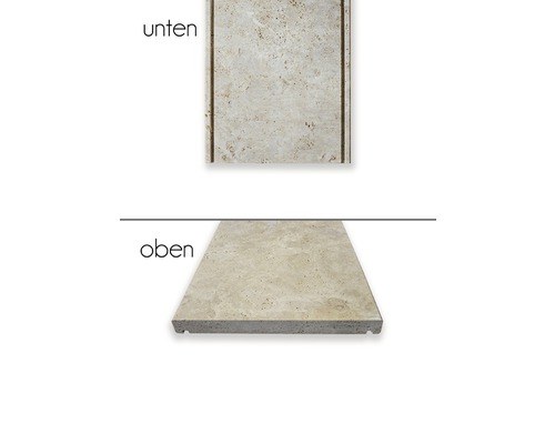 Seuil de fenêtre en pierre naturelle en travertin, vues de dessus et de dessous