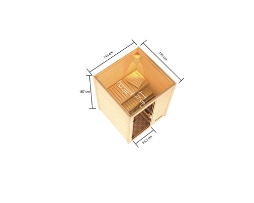 Innenansicht einer Sauna mit Maßen 145 mal 145 mal 187 Zentimeter