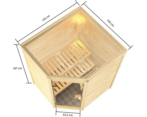 Sauna d''angle avec des dimensions de 145 cm par 145 cm et une hauteur de 187 cm.
