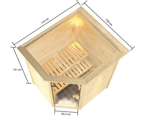 Ecksauna mit den Maßen 173 cm mal 159 cm mal 191 cm und einer Türbreite von 65,5 cm.